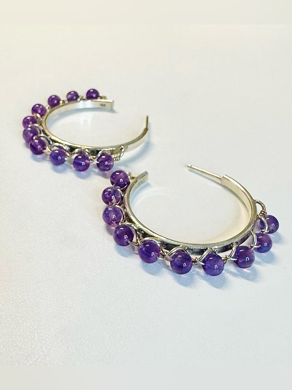 Genuine Amethyst Hand-Wrapped Sterling Silver Bead Hoop Earrings